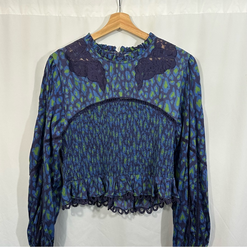 Farm Rio Leopard Pop Smocked Embroidered Lace Long Sleeve Peplum Top - Picture 6 of 14